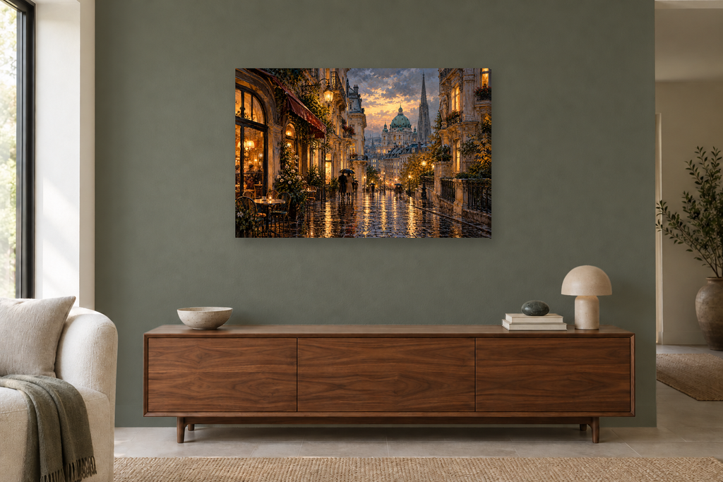 Vienna Rain — horizontal canvas in a living room, full original artwork