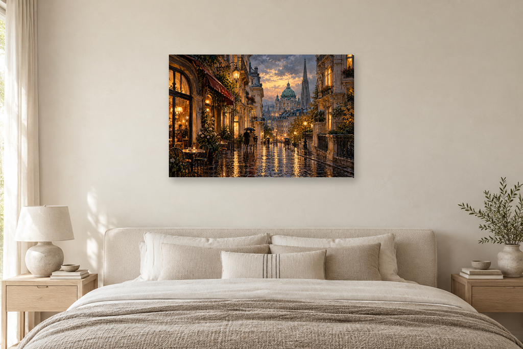 Vienna Rain — horizontal canvas in a bedroom, full original artwork