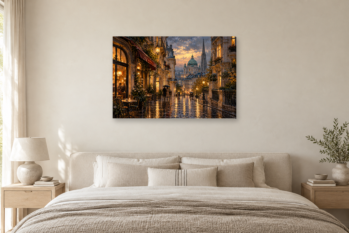 Vienna Rain — horizontal canvas in a bedroom, full original artwork