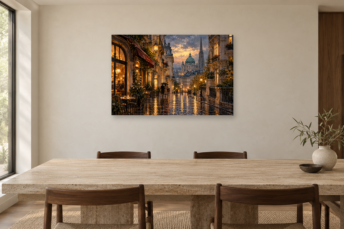 Vienna Rain — horizontal canvas in a dining room, full original artwork