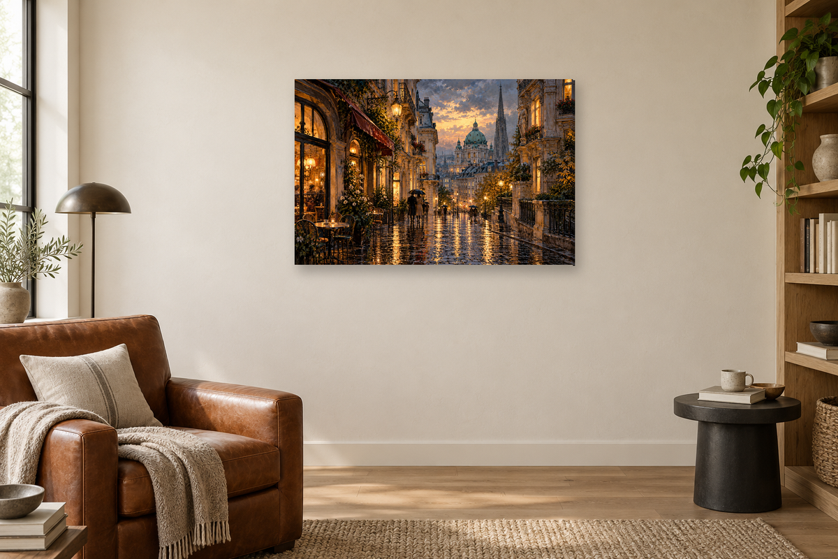 Vienna Rain — horizontal canvas in a reading corner, full original artwork