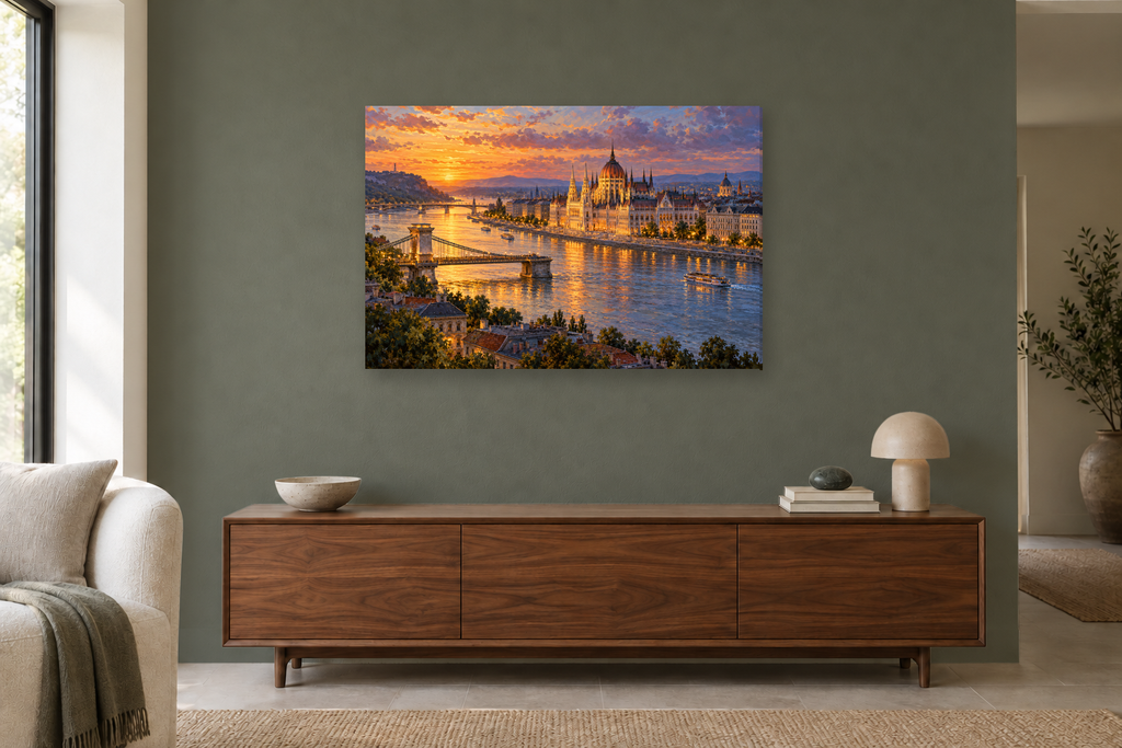 Budapest Twilight — horizontal canvas in a living room, full original artwork
