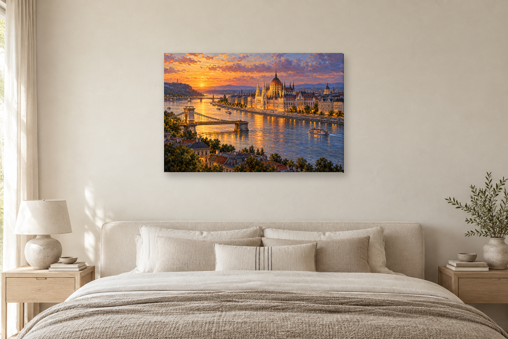 Budapest Twilight — horizontal canvas in a bedroom, full original artwork