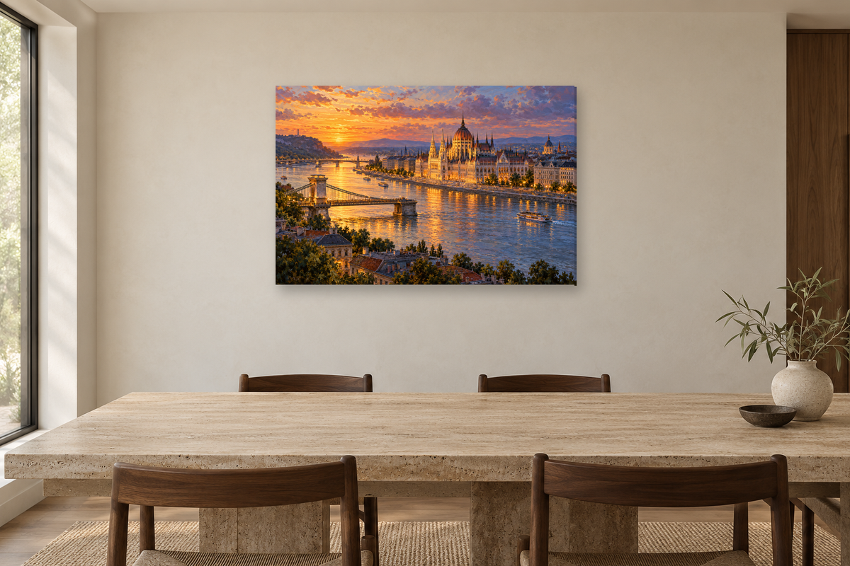 Budapest Twilight — horizontal canvas in a dining room, full original artwork