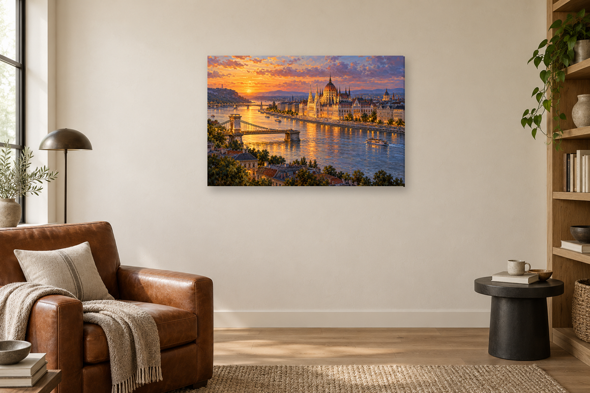 Budapest Twilight — horizontal canvas in a reading corner, full original artwork