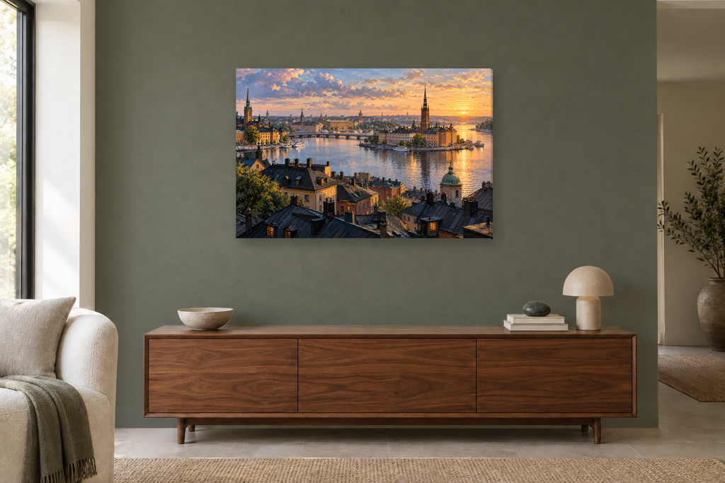 Stockholm Waterfront — horizontal canvas in a living room, full original artwork