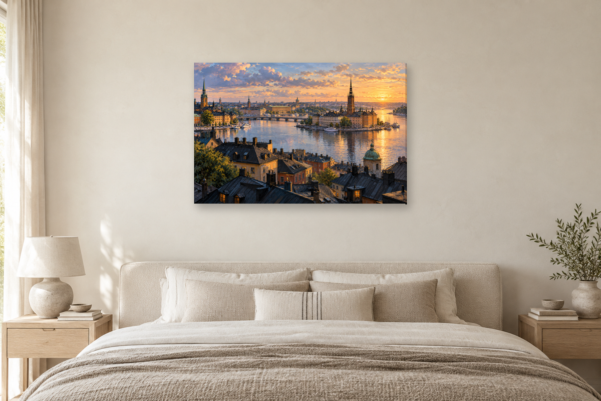 Stockholm Waterfront — horizontal canvas in a bedroom, full original artwork