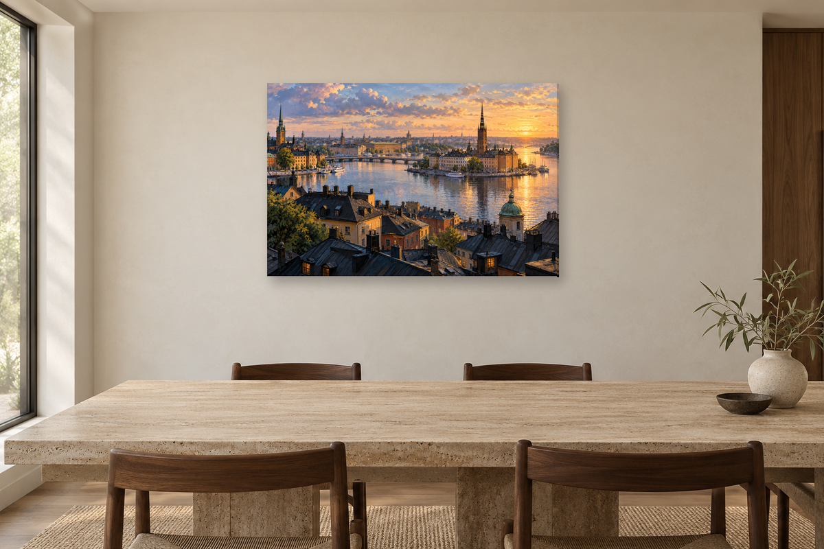 Stockholm Waterfront — horizontal canvas in a dining room, full original artwork