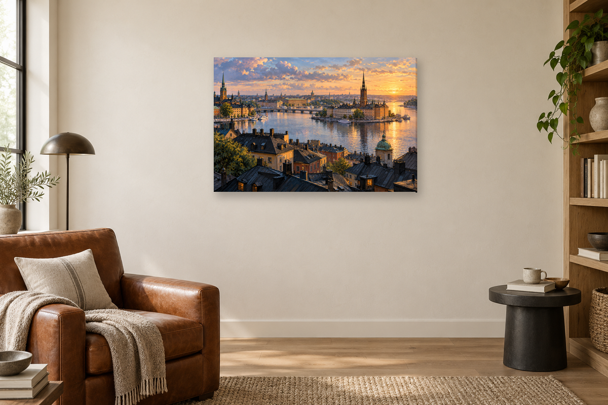 Stockholm Waterfront — horizontal canvas in a reading corner, full original artwork