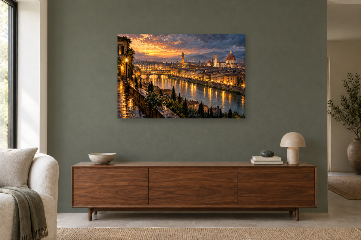 Florence Golden Arno — horizontal canvas in a living room, full original artwork