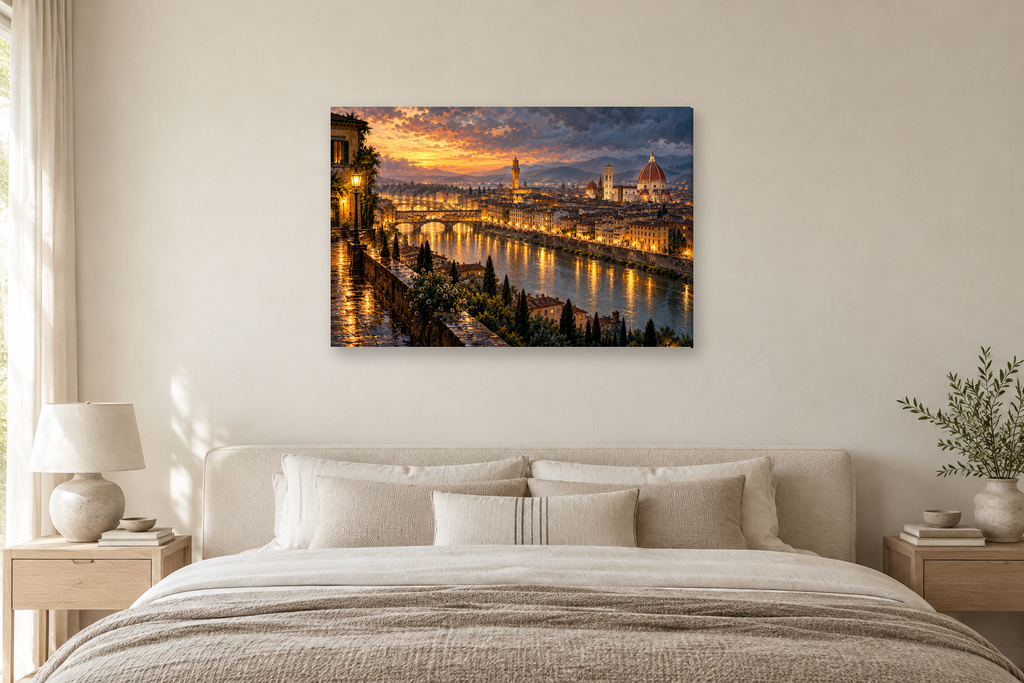 Florence Golden Arno — horizontal canvas in a bedroom, full original artwork