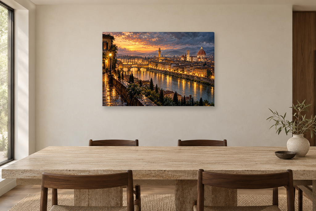 Florence Golden Arno — horizontal canvas in a dining room, full original artwork