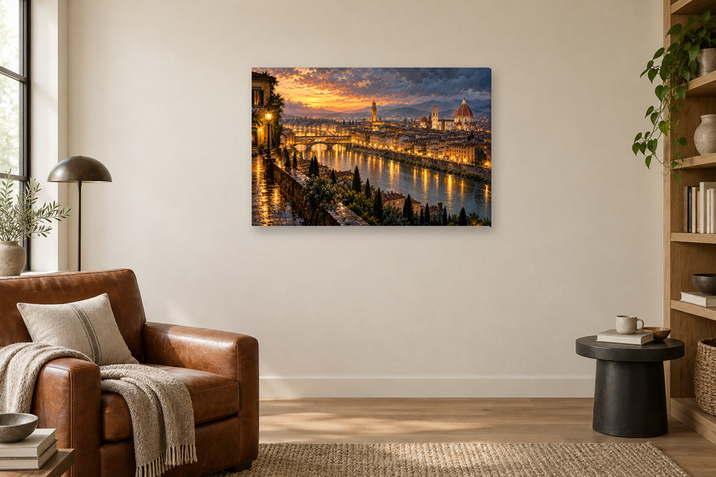 Florence Golden Arno — horizontal canvas in a reading corner, full original artwork