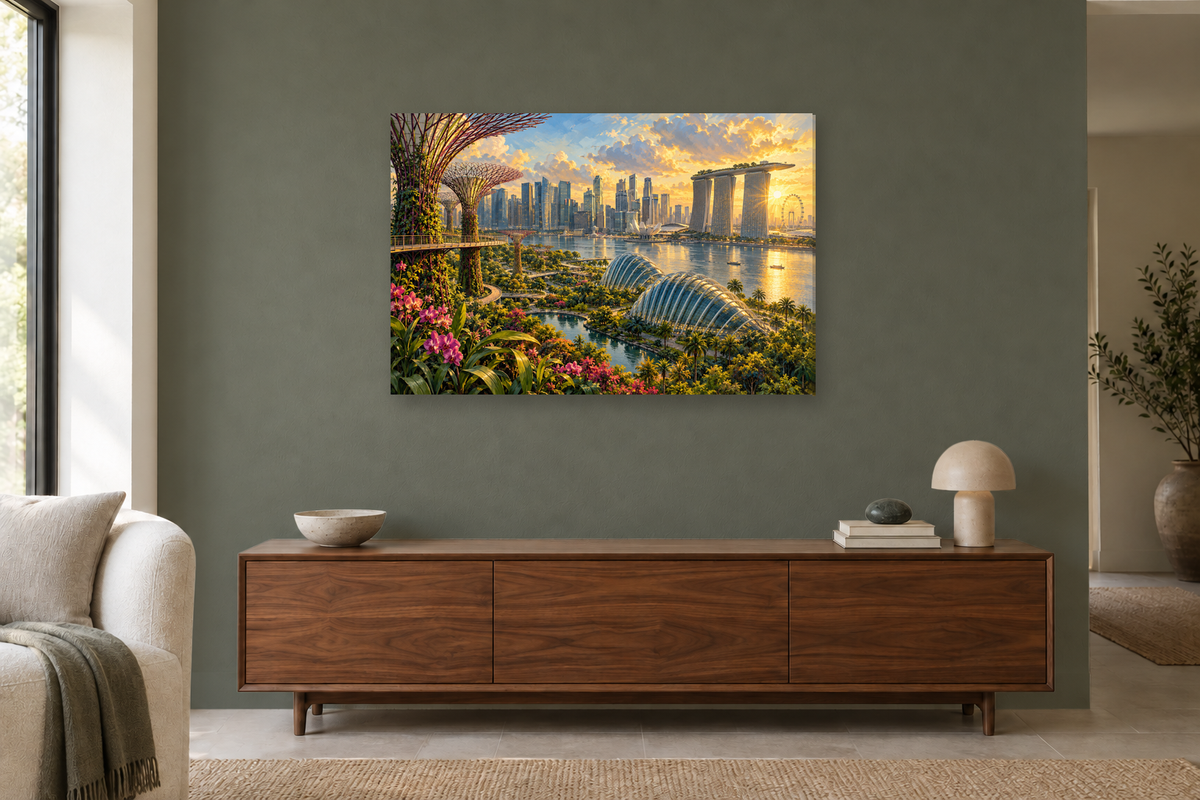 Singapore Garden City — horizontal canvas in a living room, full original artwork