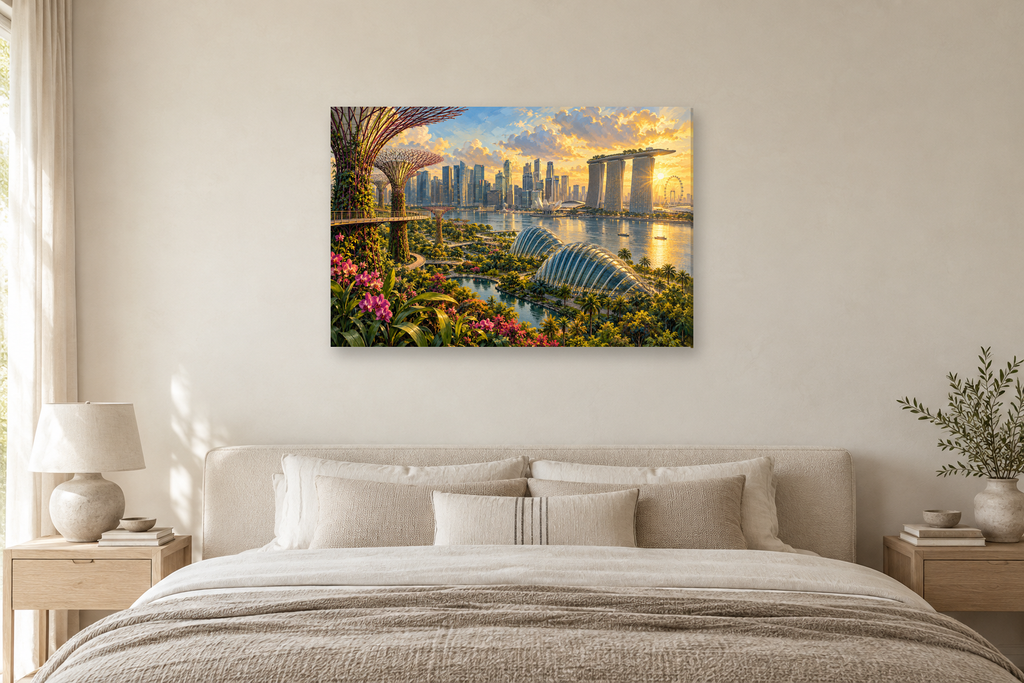 Singapore Garden City — horizontal canvas in a bedroom, full original artwork