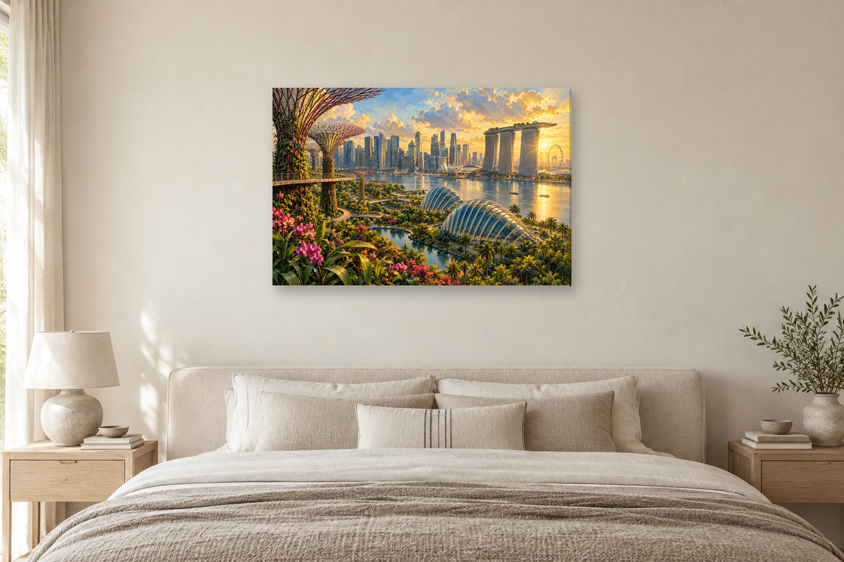 Singapore Garden City — horizontal canvas in a bedroom, full original artwork