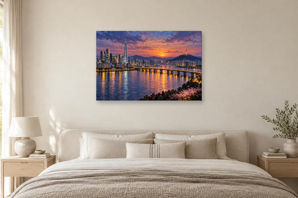 Seoul Evening — horizontal canvas in a bedroom, full original artwork