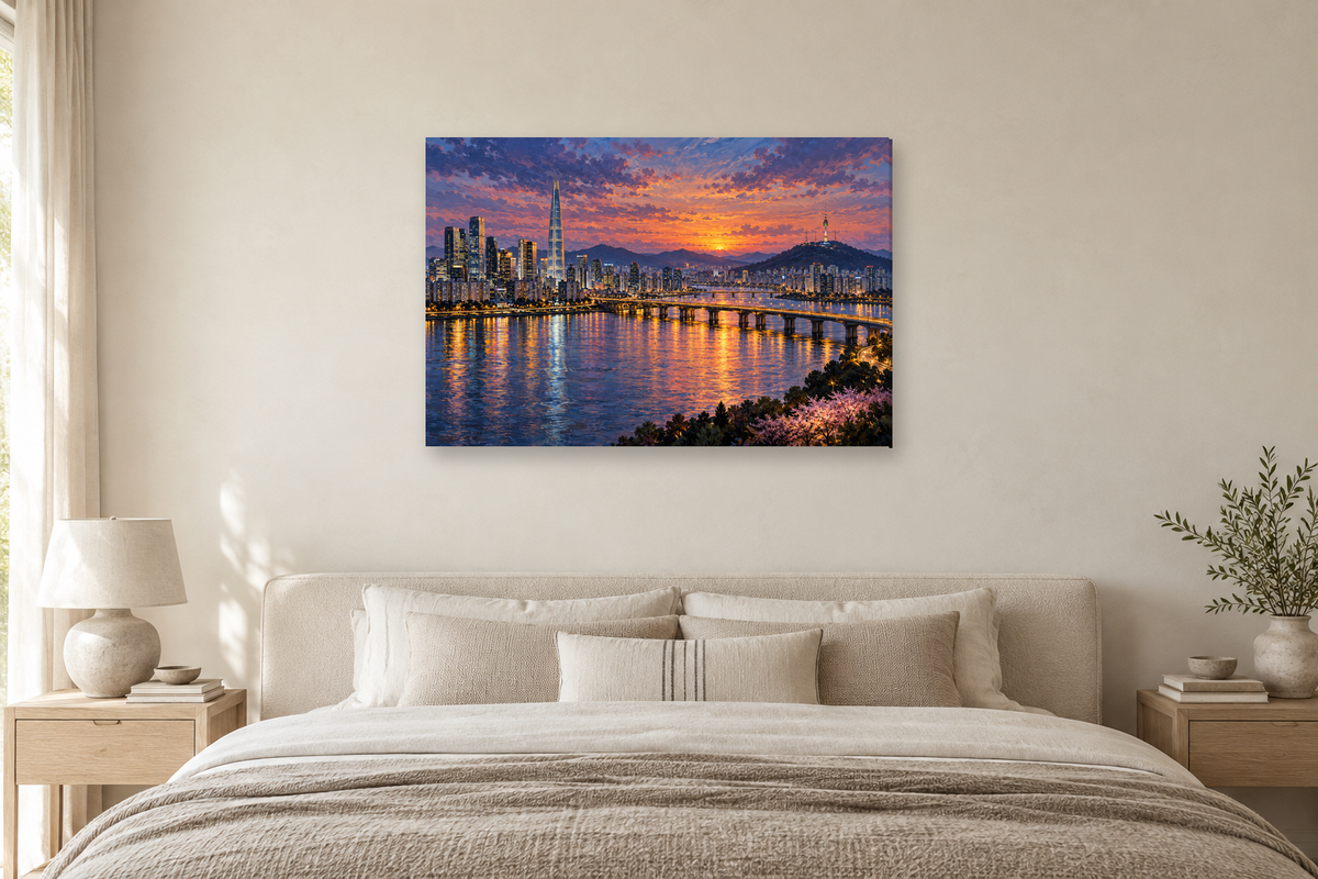 Seoul Evening — horizontal canvas in a bedroom, full original artwork