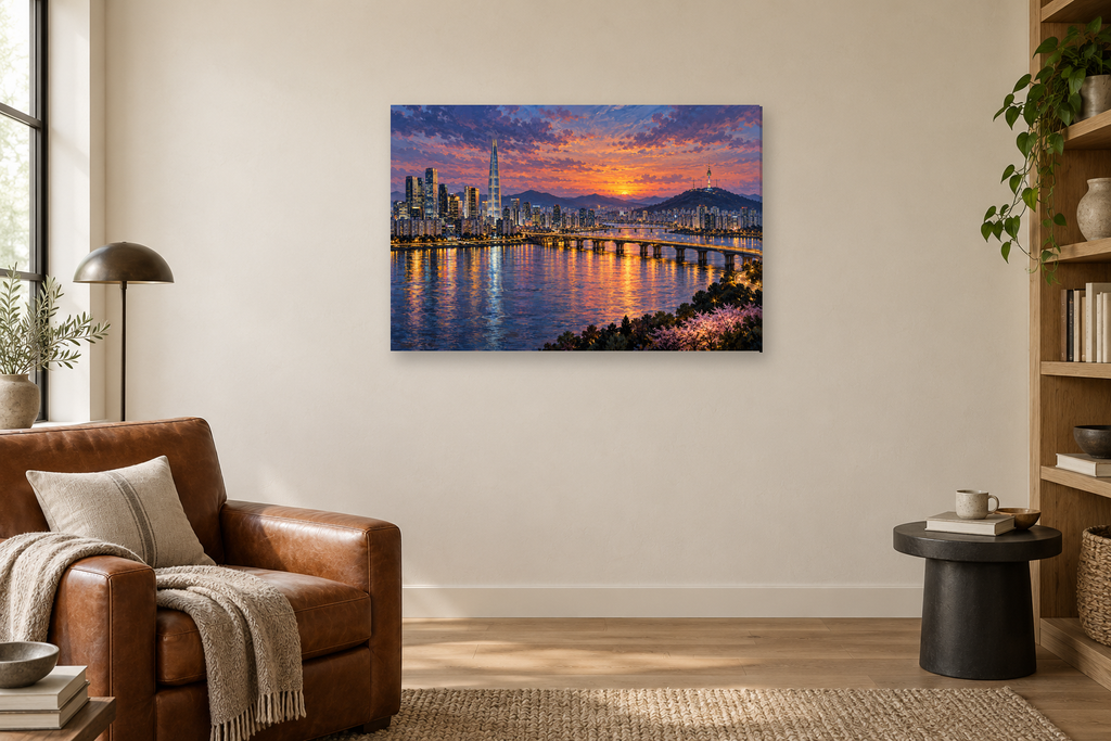Seoul Evening — horizontal canvas in a reading corner, full original artwork