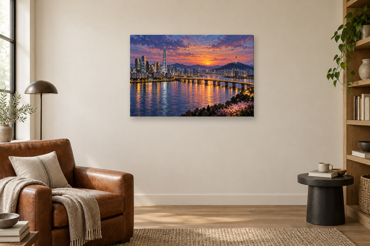 Seoul Evening — horizontal canvas in a reading corner, full original artwork