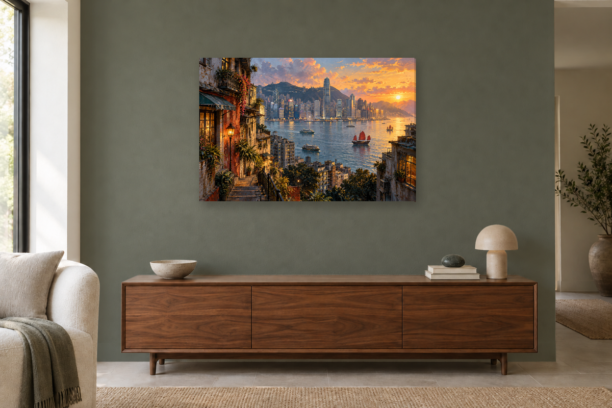 Hong Kong Harbour — horizontal canvas in a living room, full original artwork
