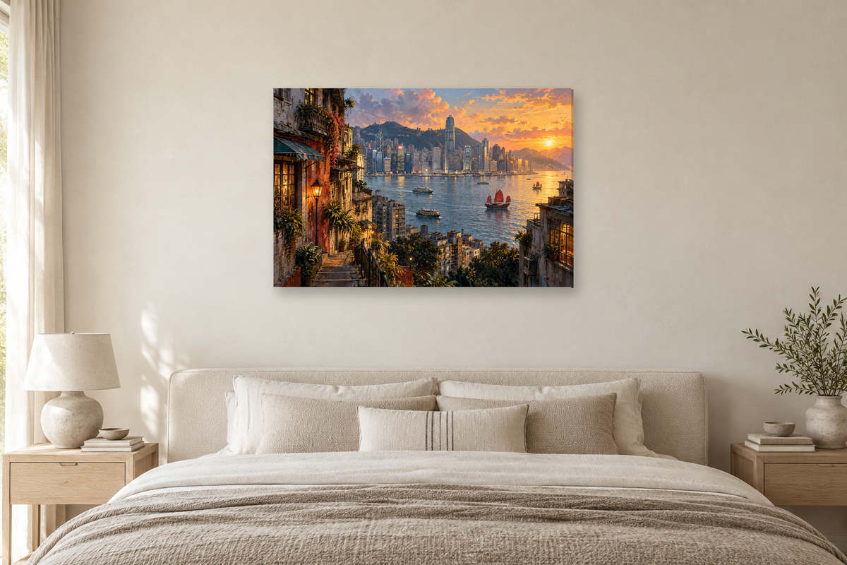 Hong Kong Harbour — horizontal canvas in a bedroom, full original artwork