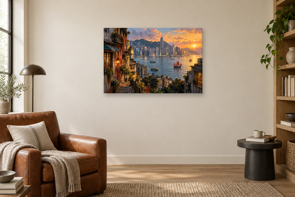 Hong Kong Harbour — horizontal canvas in a reading corner, full original artwork