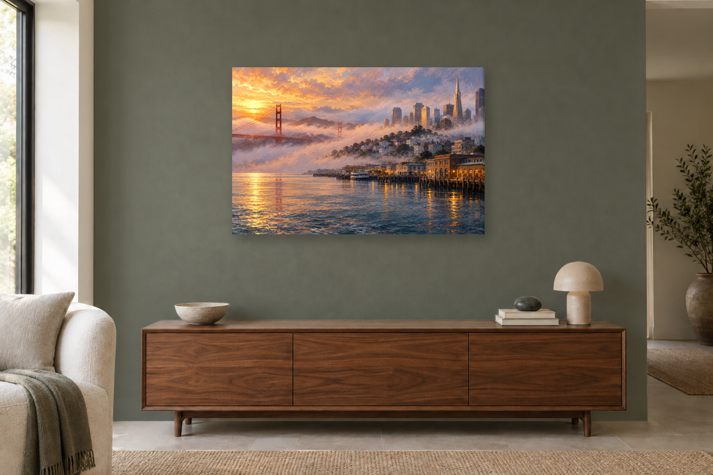 San Francisco Fog — horizontal canvas in a living room, full original artwork