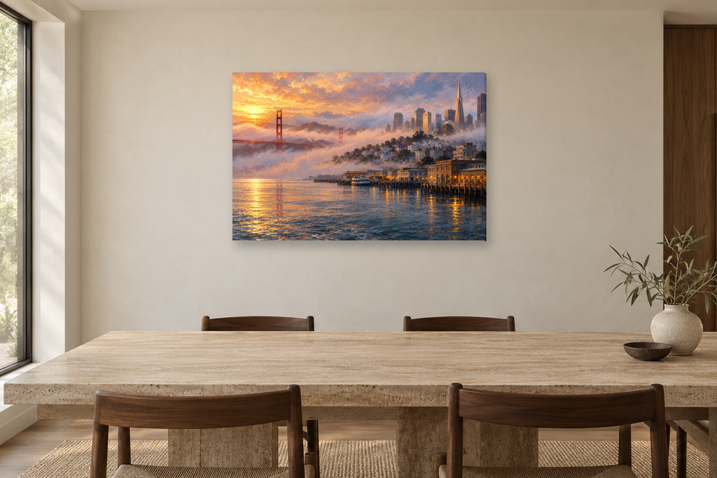 San Francisco Fog — horizontal canvas in a dining room, full original artwork