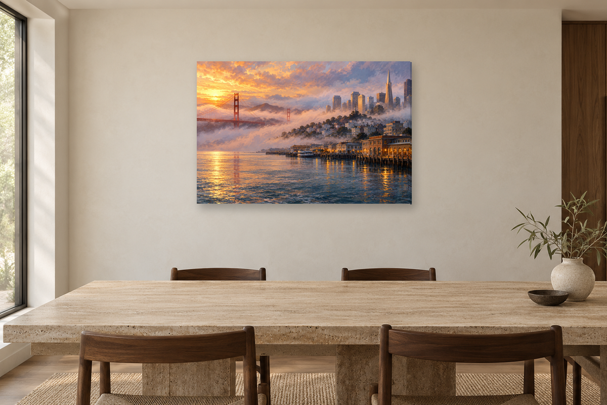 San Francisco Fog — horizontal canvas in a dining room, full original artwork