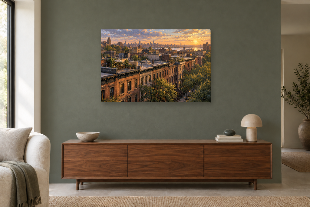 New York Brownstones — horizontal canvas in a living room, full original artwork