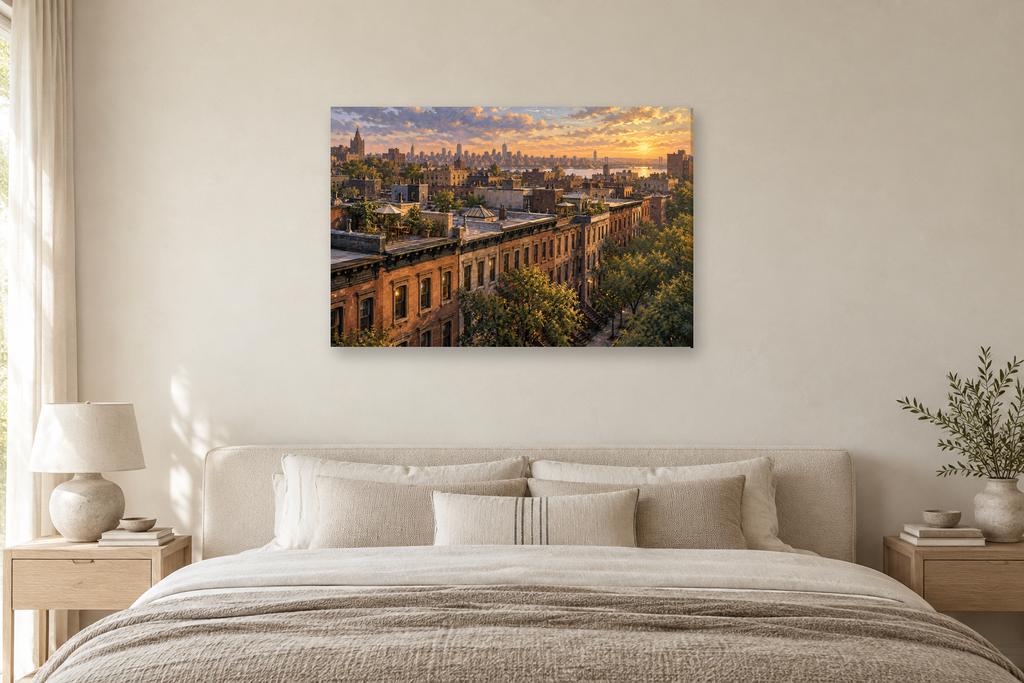 New York Brownstones — horizontal canvas in a bedroom, full original artwork