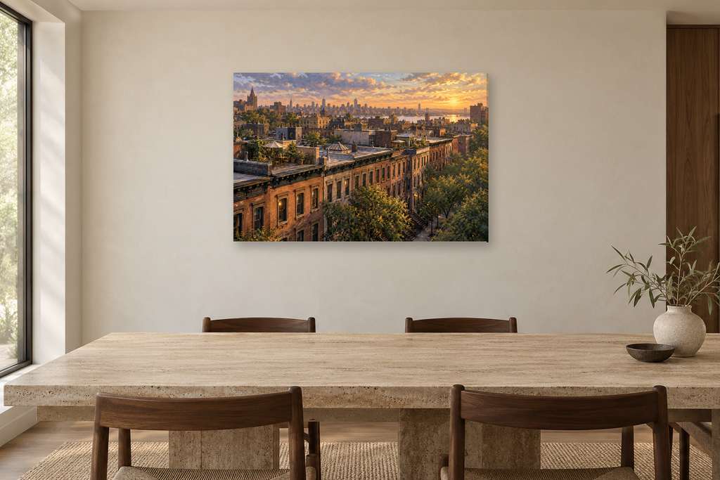 New York Brownstones — horizontal canvas in a dining room, full original artwork