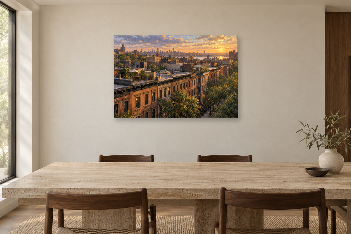 New York Brownstones — horizontal canvas in a dining room, full original artwork