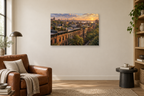 New York Brownstones — horizontal canvas in a reading corner, full original artwork