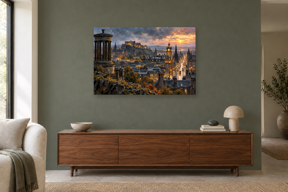 Edinburgh Stone Light — horizontal canvas in a living room, full original artwork