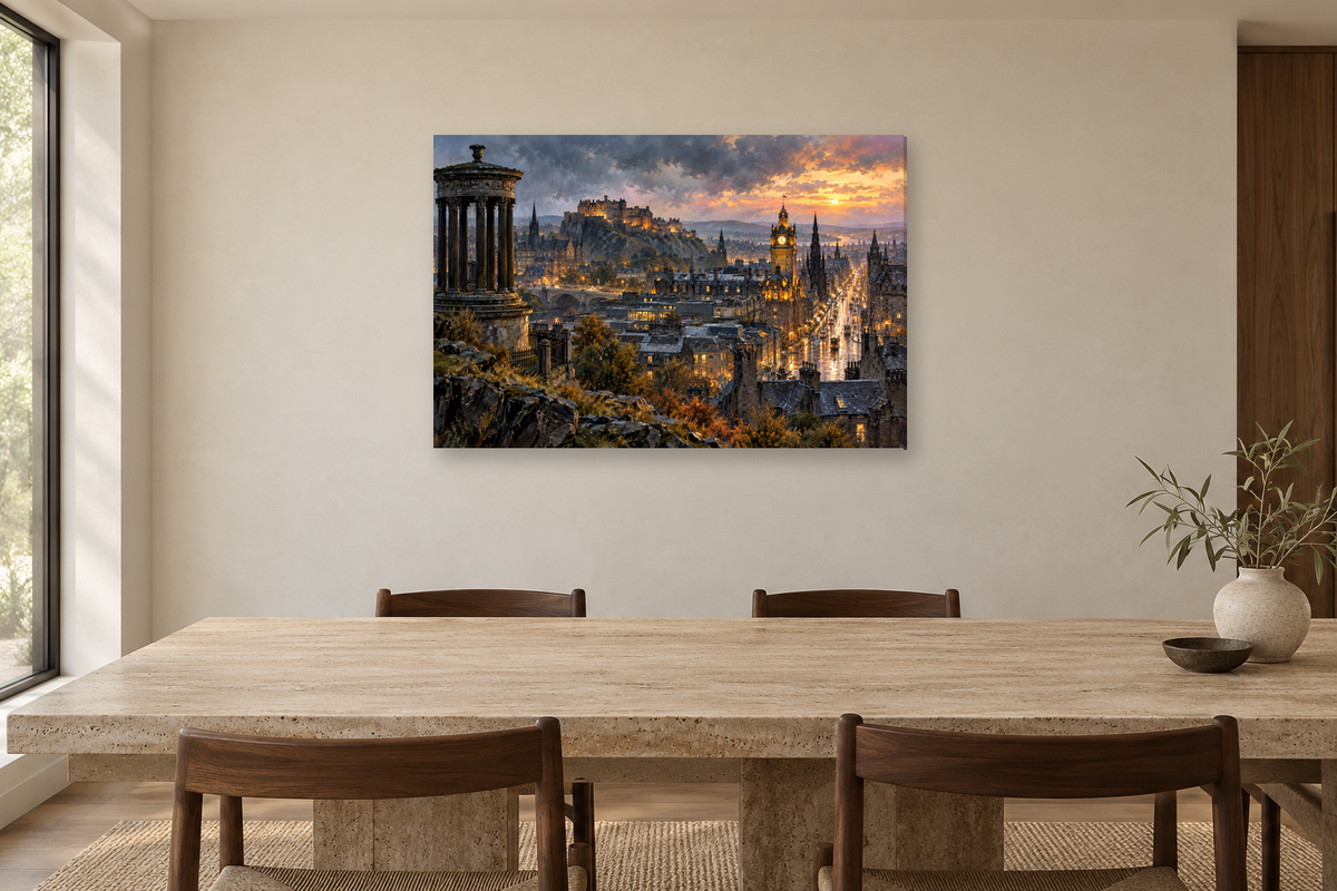 Edinburgh Stone Light — horizontal canvas in a dining room, full original artwork