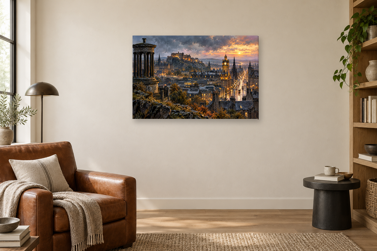 Edinburgh Stone Light — horizontal canvas in a reading corner, full original artwork