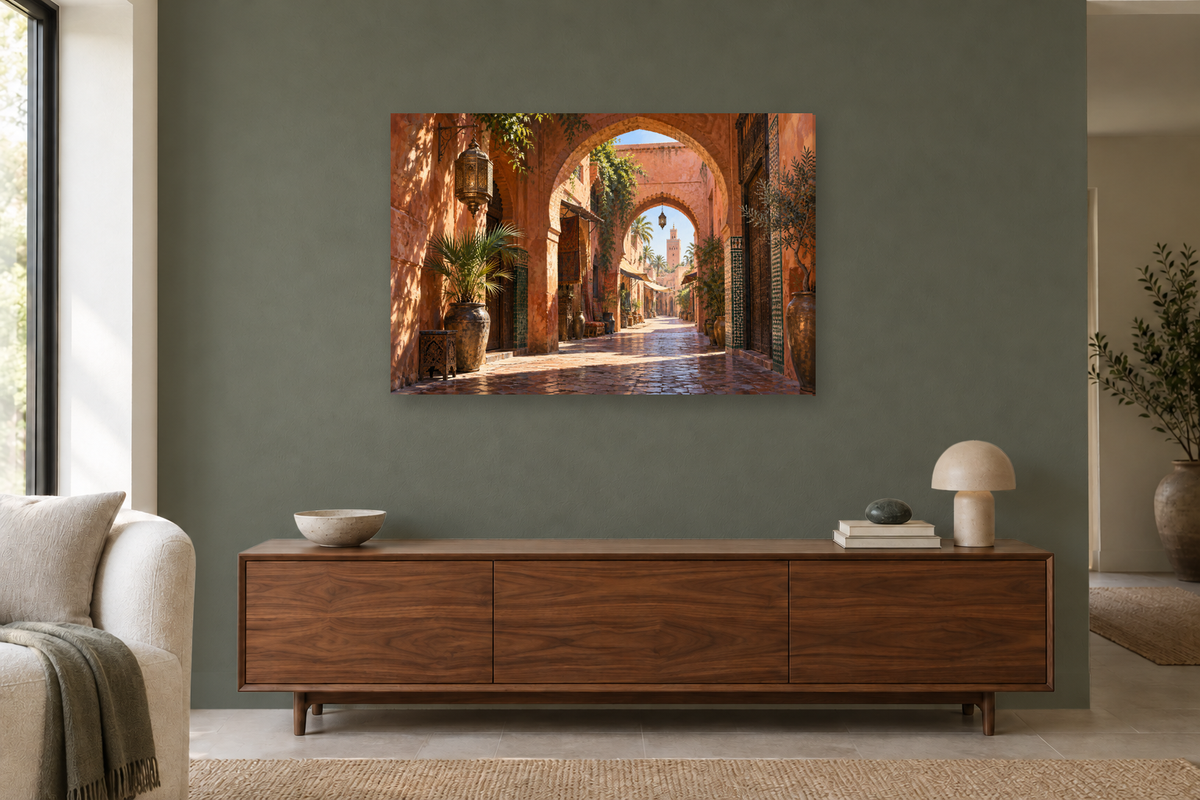 Marrakech Passage — horizontal canvas in a living room, full original artwork