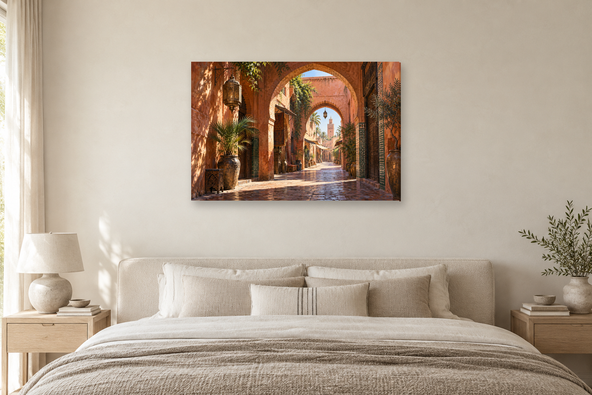 Marrakech Passage — horizontal canvas in a bedroom, full original artwork