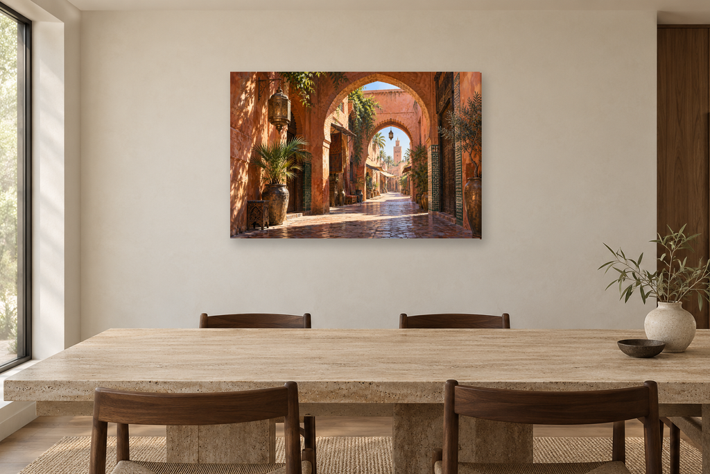 Marrakech Passage — horizontal canvas in a dining room, full original artwork