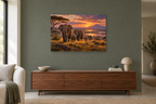 Elephants At Dusk — horizontal canvas in a living room, full original artwork