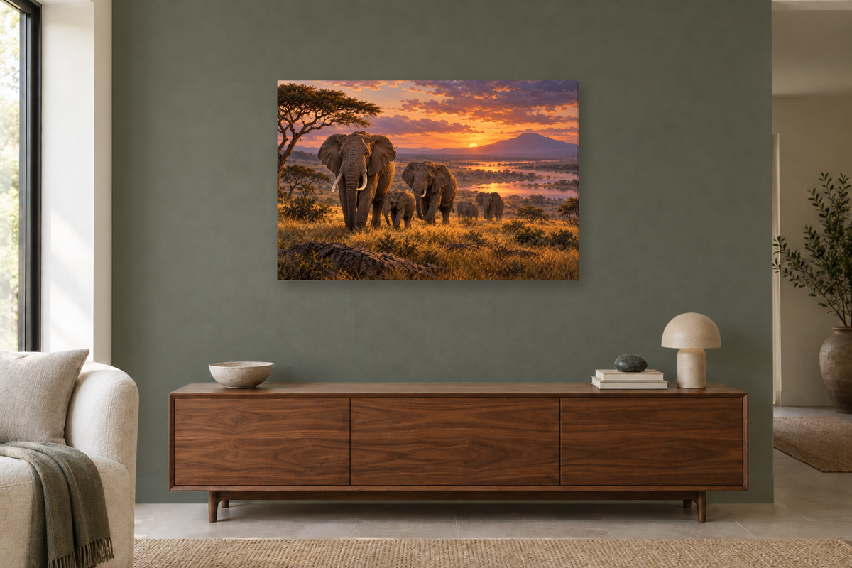 Elephants At Dusk — horizontal canvas in a living room, full original artwork