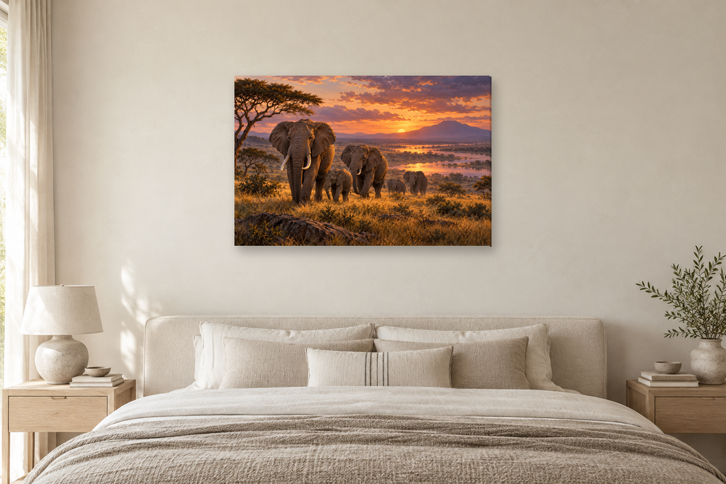 Elephants At Dusk — horizontal canvas in a bedroom, full original artwork