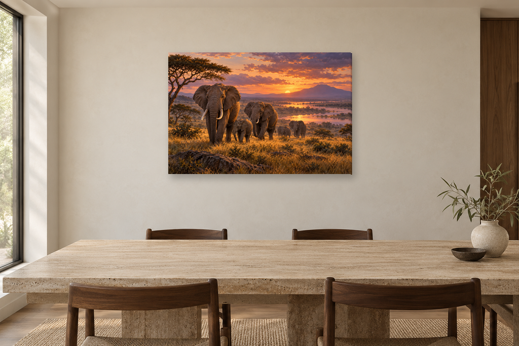 Elephants At Dusk — horizontal canvas in a dining room, full original artwork