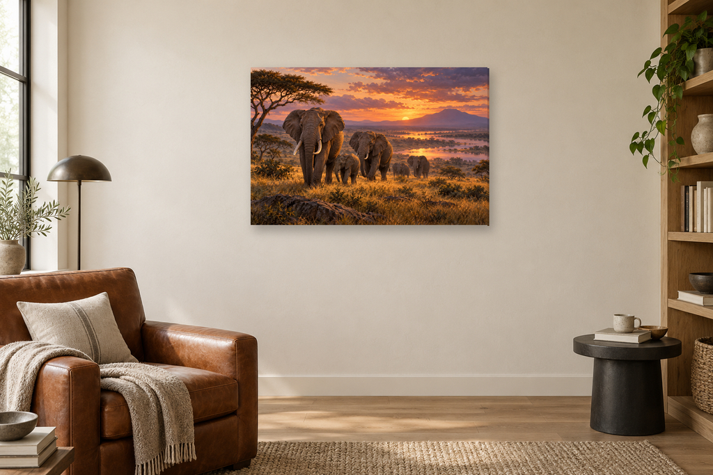 Elephants At Dusk — horizontal canvas in a reading corner, full original artwork