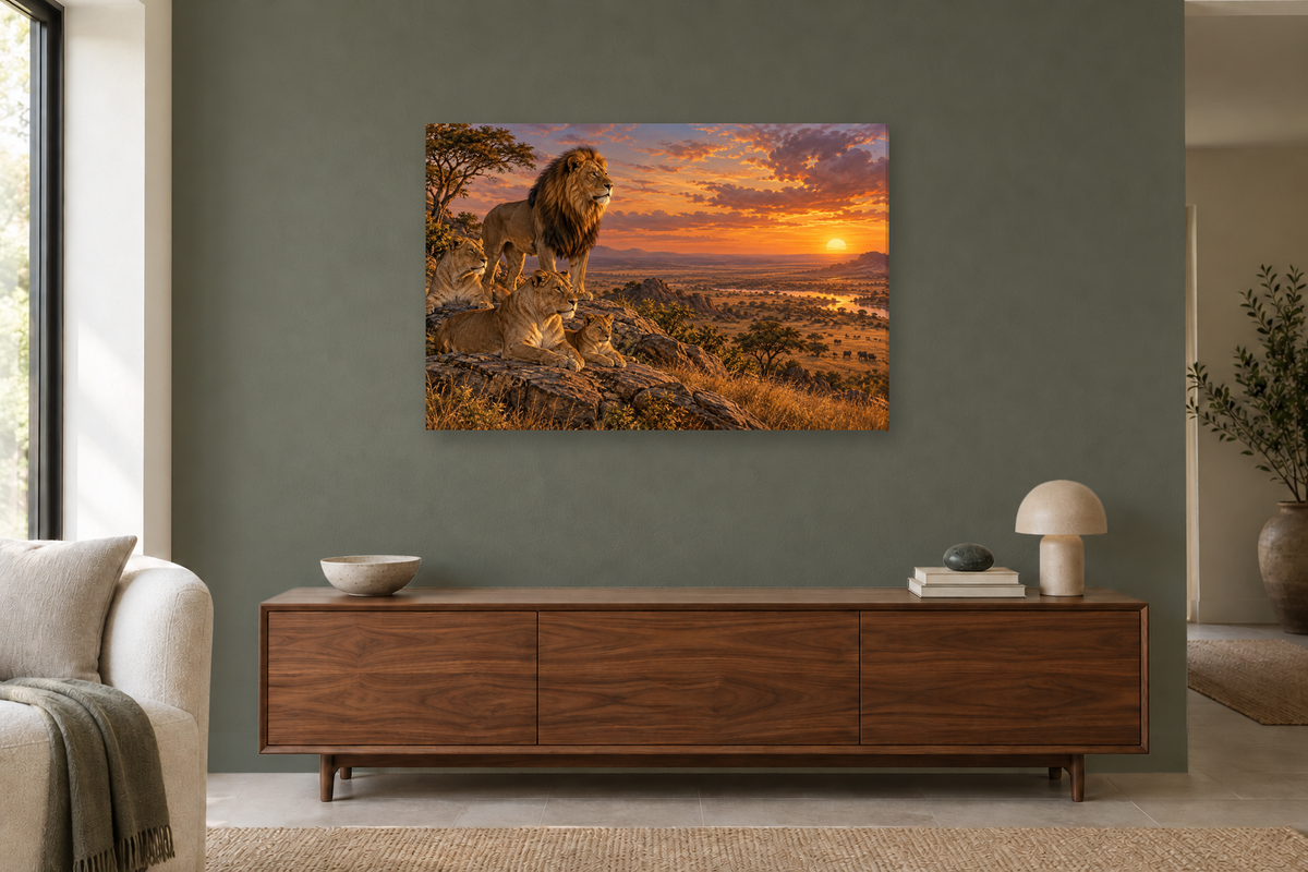 Lions Of The Plain — horizontal canvas in a living room, full original artwork