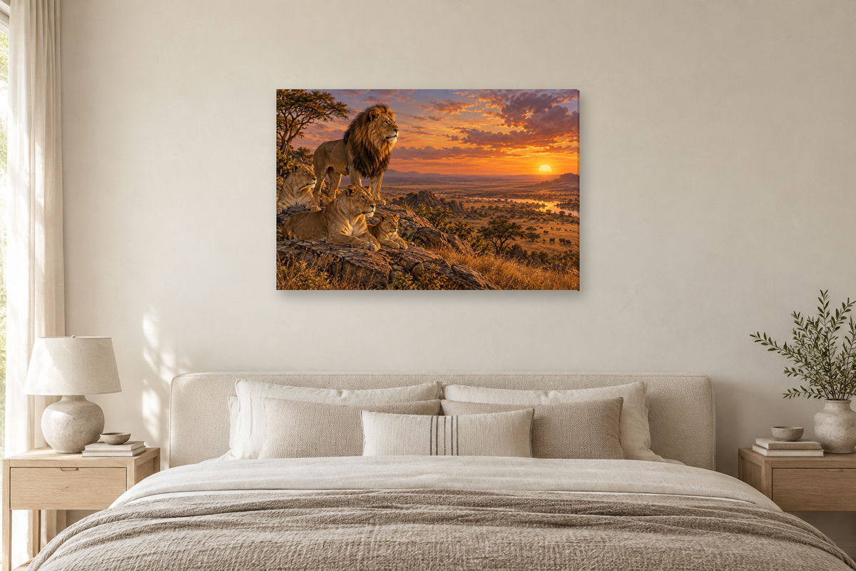 Lions Of The Plain — horizontal canvas in a bedroom, full original artwork