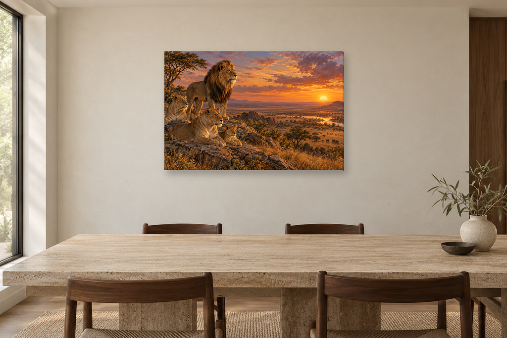 Lions Of The Plain — horizontal canvas in a dining room, full original artwork
