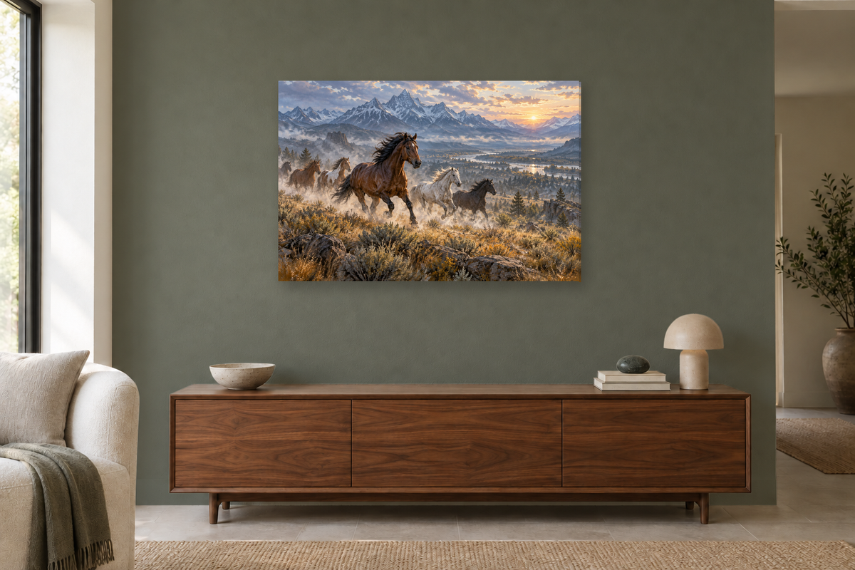 Wild Horse Run — horizontal canvas in a living room, full original artwork